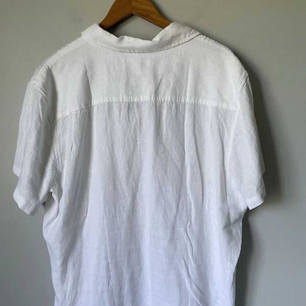 Vintage Summer Linen Blend Button Down Shirt Top Short Sleeves White Men's XL